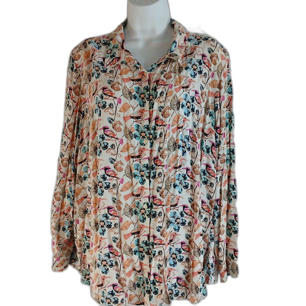 Talbots Top Button Up Floral birds long‎ sleeve soft  office wear casual travel